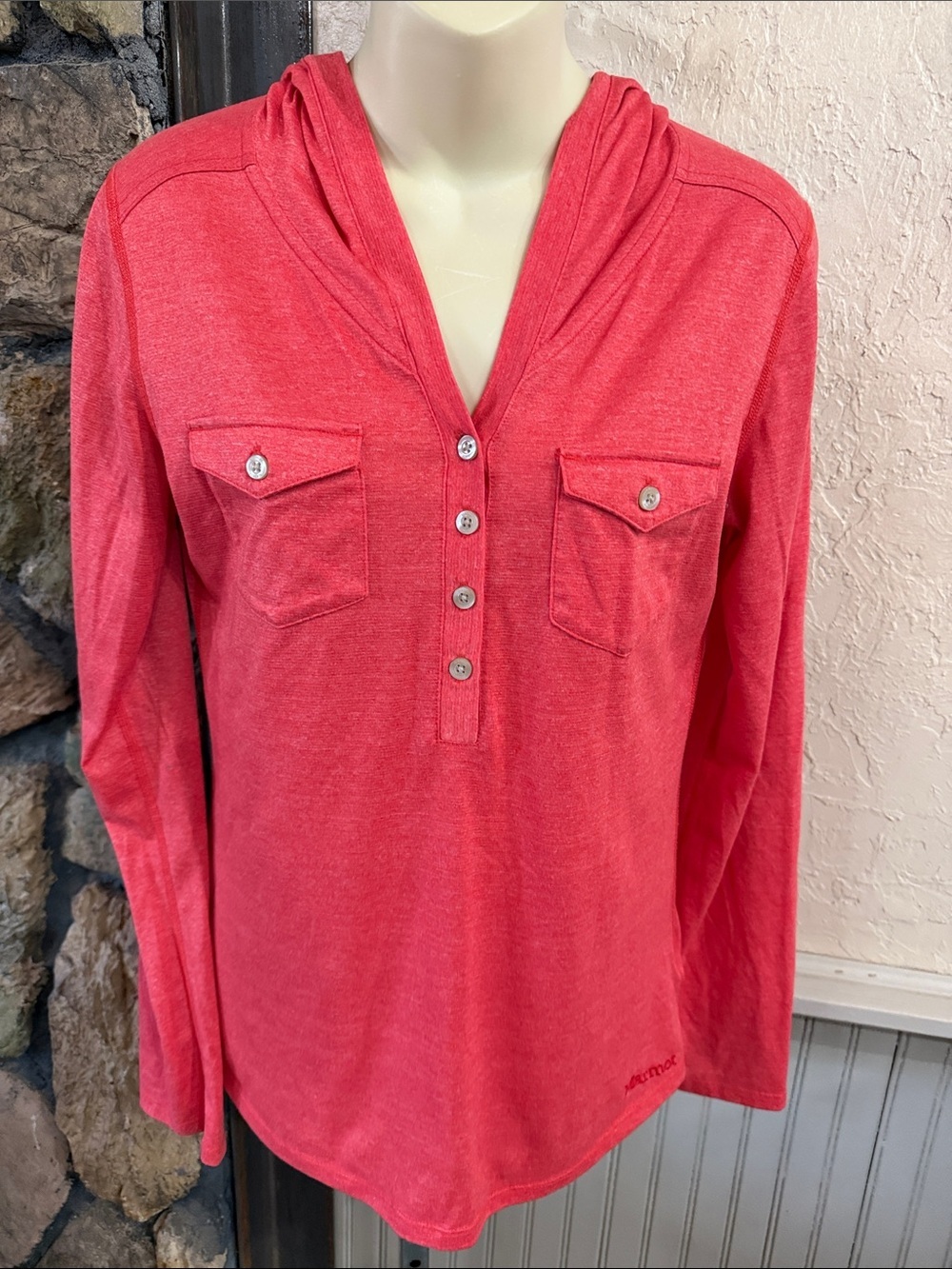 Marmot Coral-Red Long Sleeve Hooded Henley with Chest Pockets